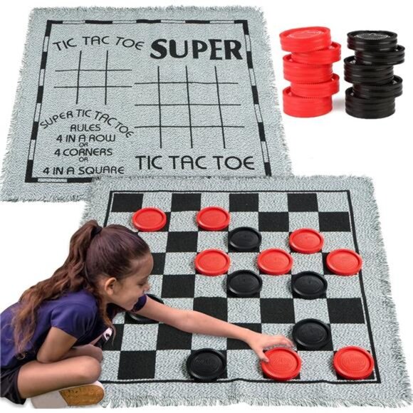 Vintage Giant Checkers and Tic Tac Toe Game with Reversible Mat - Picture 1 of 8